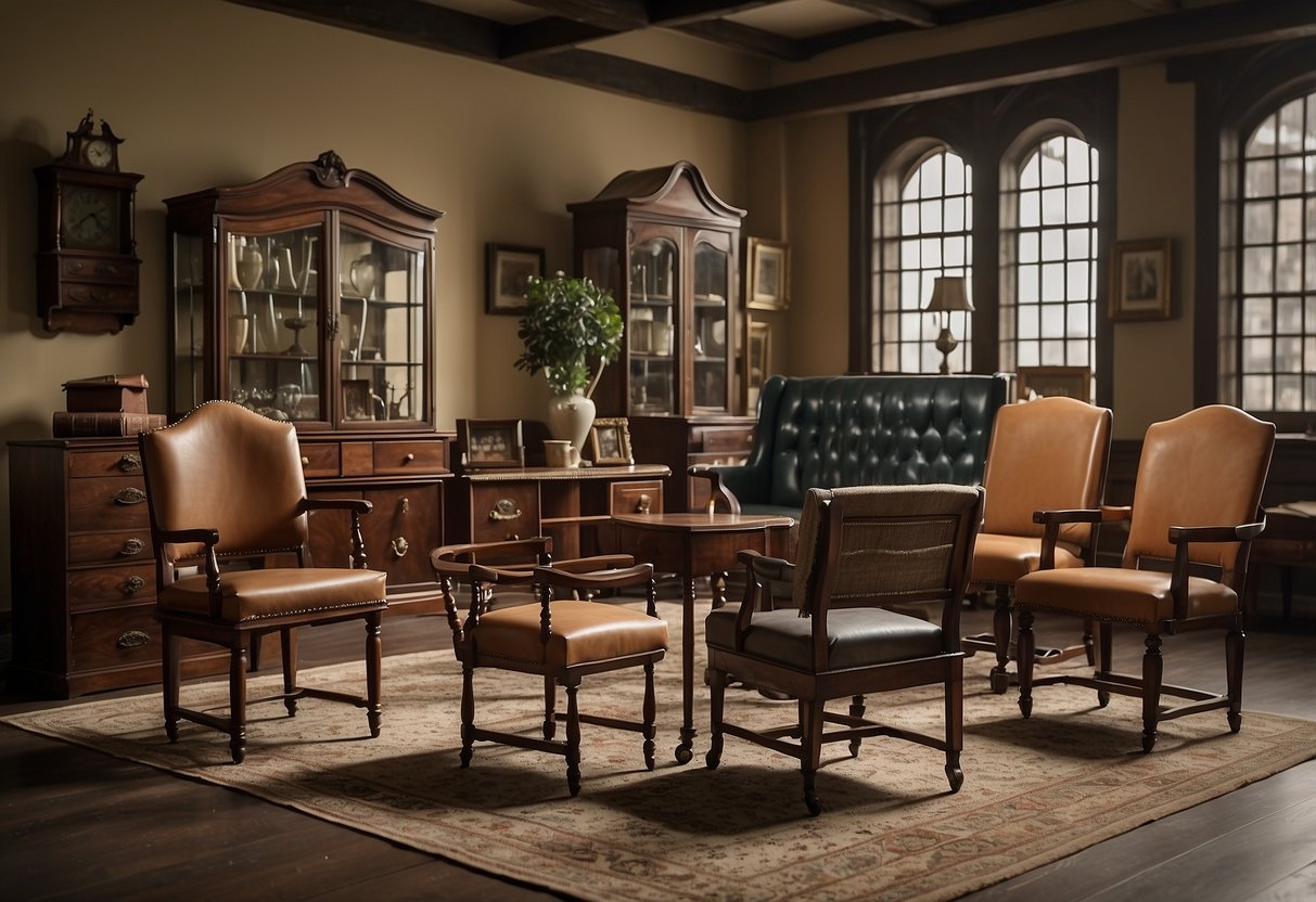 A collection of campaign furniture through the ages, from simple trunks to collapsible tables and chairs, displayed in a historical setting