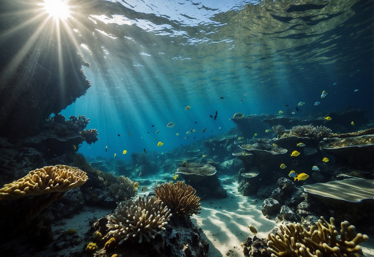 Crystal clear water, vibrant coral reefs, and diverse marine life. Sunlight streaming through the depths, illuminating the underwater world. A sense of adventure and tranquility in the best scuba diving destinations in Europe