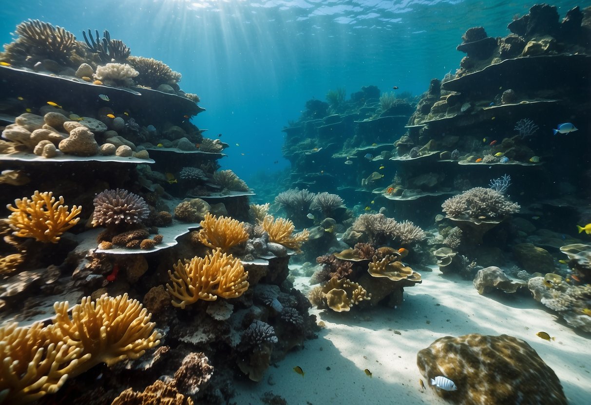 Crystal clear waters surround vibrant coral reefs, teeming with colorful marine life. Sunlight filters through the depths, illuminating ancient shipwrecks