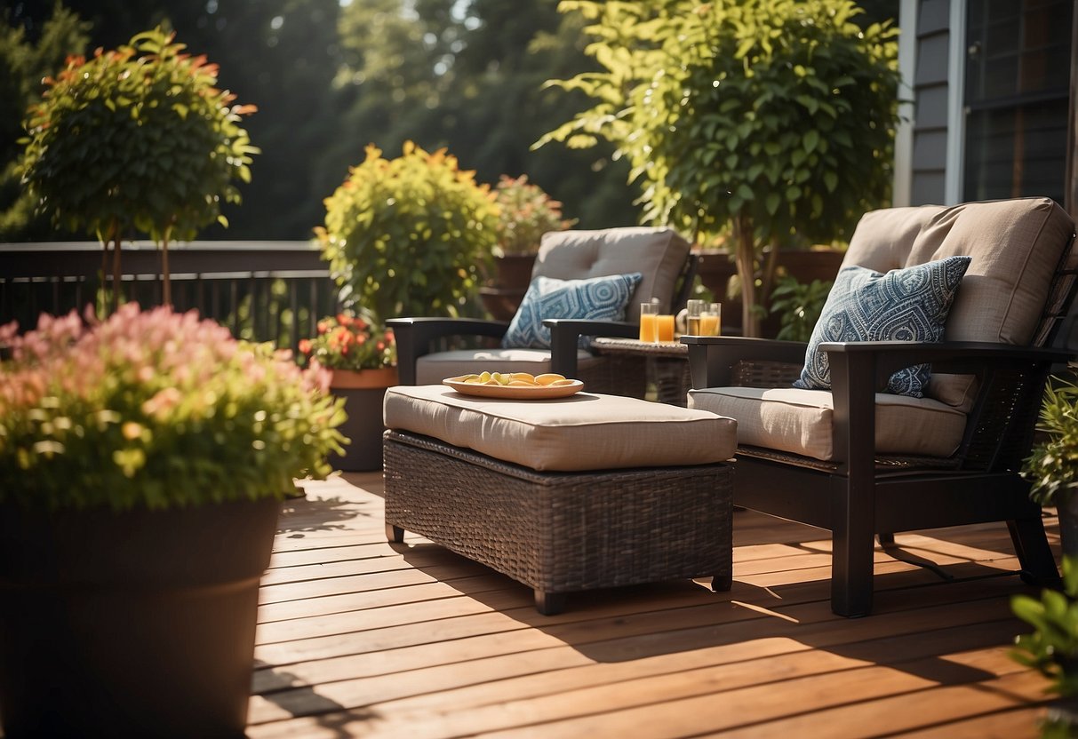 A patio set sits on a wooden deck, surrounded by potted plants and a grill. The sun shines down on the Home Depot outdoor furniture, casting shadows on the vibrant cushions