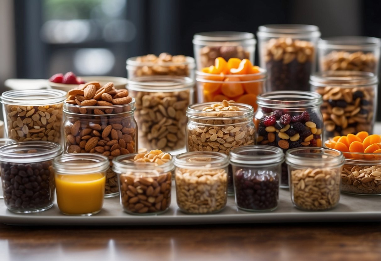 A table with 10 different types of lightweight snacks, such as granola bars, trail mix, and dried fruit, arranged neatly in individual containers