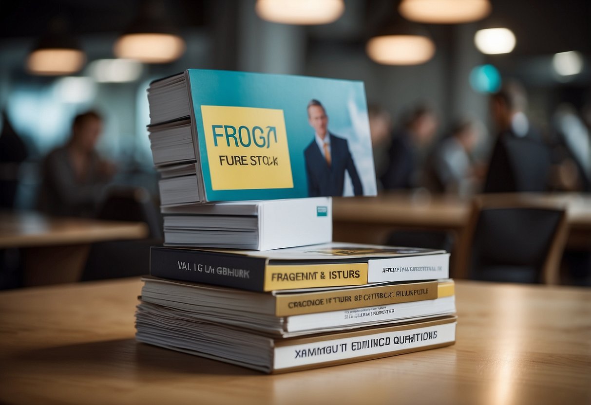 A stack of campaign furniture with "Frequently Asked Questions" printed on top, surrounded by curious onlookers