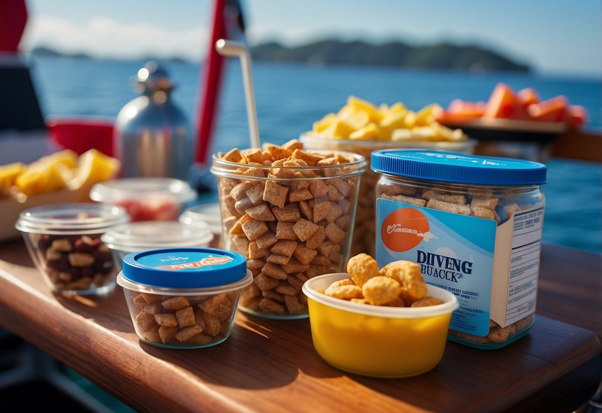 A colorful assortment of RXBAR snacks arranged on a diving boat deck, with diving gear and a clear blue ocean in the background