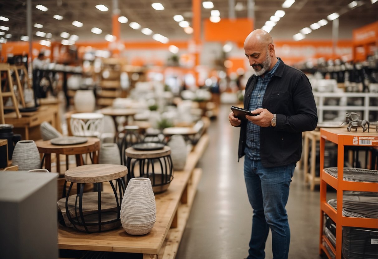 A customer browses through various outdoor furniture options at Home Depot, carefully examining the different styles and materials available