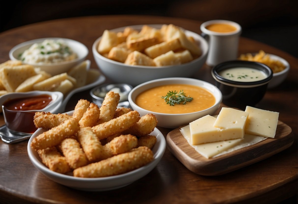 A table with a variety of cheese sticks and dipping sauces, next to a diving gear bag and a map of diving locations