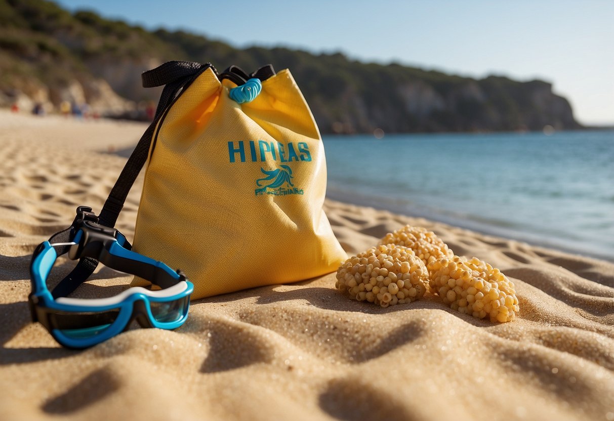 A colorful bag of Hippeas Organic Chickpea Puffs sits on a sandy beach next to a pair of diving flippers and a snorkel. The sun is shining, and the ocean waves can be seen in the background