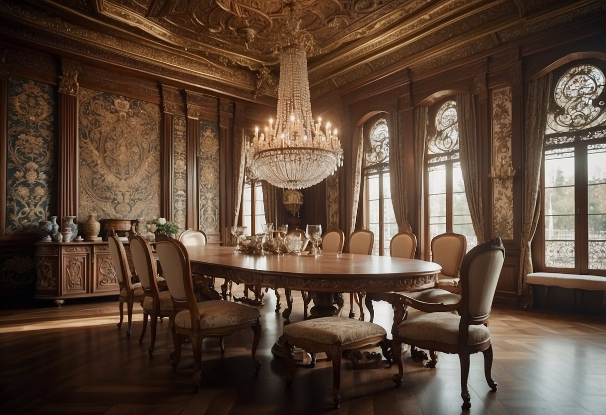 An ornate, wooden dining table with carved legs and upholstered chairs, surrounded by intricate tapestries and elegant chandeliers