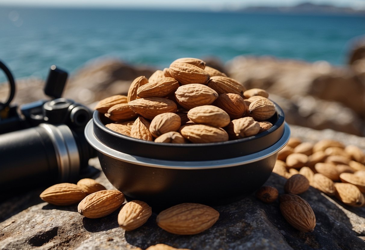 A pile of almonds, cashews, and dried berries sits on a rock next to a diving gear. The snacks are arranged in a neat pile, ready to be packed for a diving trip