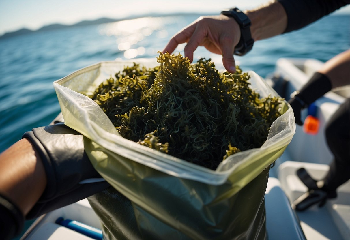 A diver's hand reaches into a bag of seaweed snacks on a boat deck, with diving gear scattered around. The ocean is visible in the background