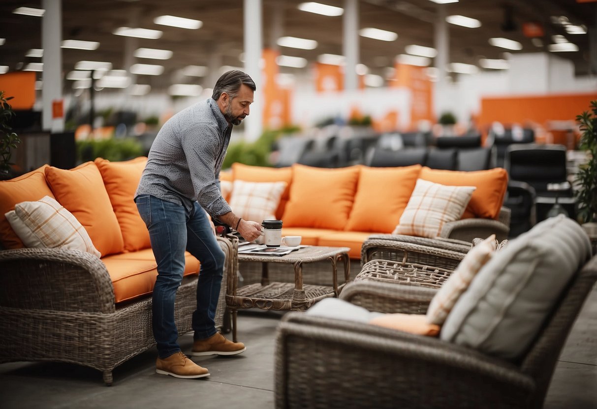A customer selects outdoor furniture at Home Depot, browsing through various options and comparing prices before making a purchase