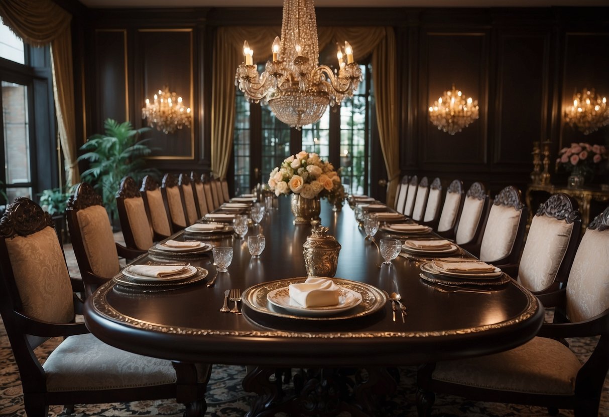 A grand, ornate dining table surrounded by elegant chairs with intricate carvings. Rich, dark wood and luxurious fabrics exude opulence and sophistication