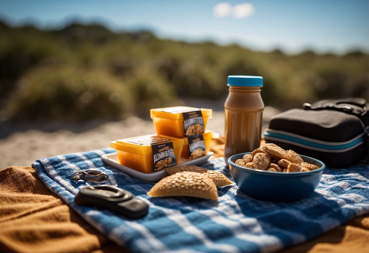 A pile of almond butter squeeze packs sits next to diving gear on a beach towel. The sun shines down on the lightweight snacks, ready for a diving trip