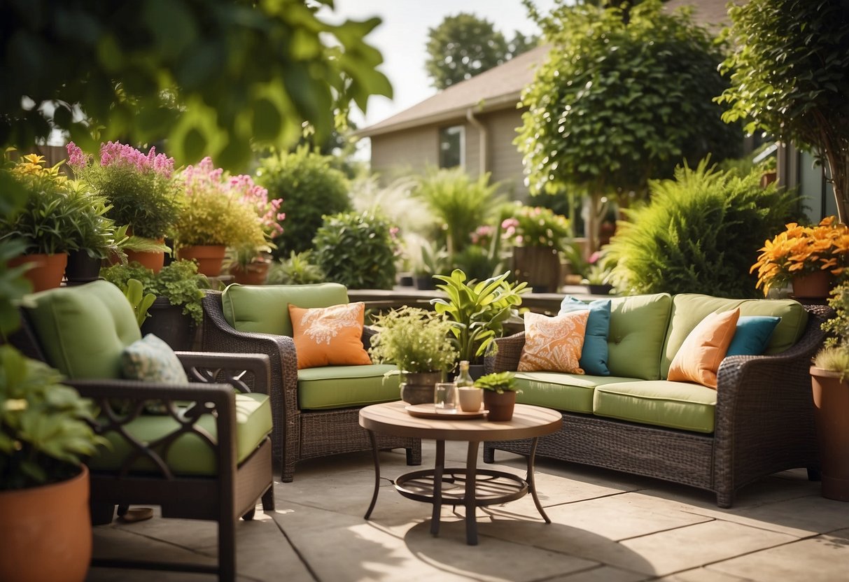 A sunny patio with a variety of outdoor furniture sets displayed, surrounded by lush green plants and colorful flowers. The Home Depot logo is prominently featured in the background
