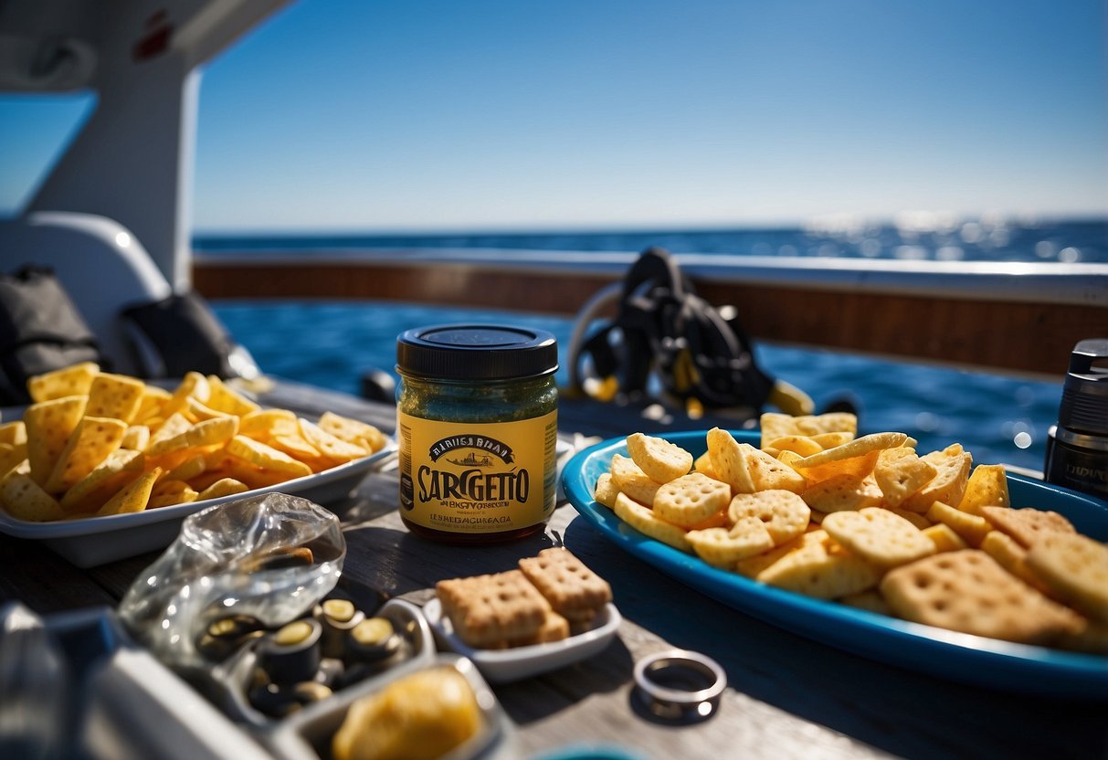 A diving trip scene with Sargento Balanced Breaks snacks scattered on a boat deck, surrounded by diving gear and equipment, with a beautiful ocean backdrop