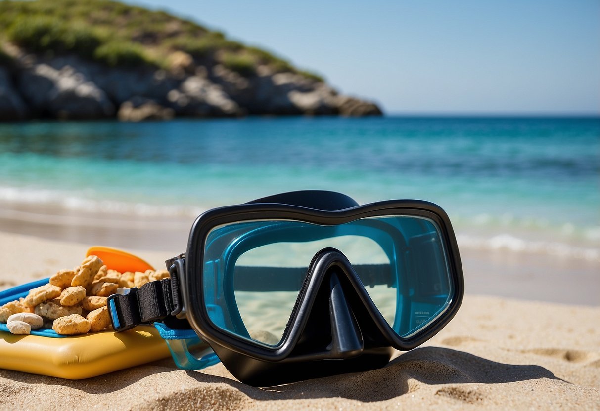 A snorkel and diving mask lay on a sandy beach next to a backpack filled with Clif Bar snacks. The clear blue ocean and a diving boat are visible in the background