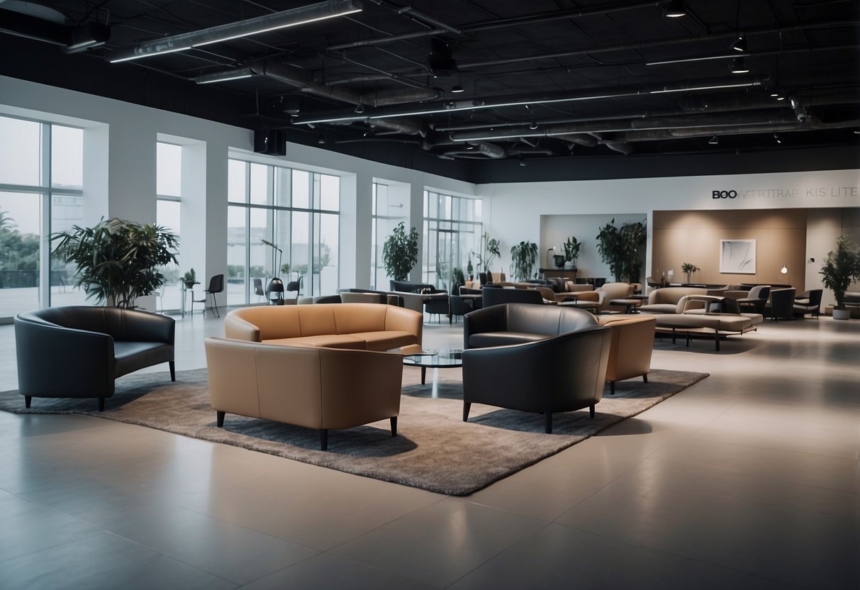 An empty exhibition hall with modern, sleek furniture arranged in an inviting and organized manner, ready for visitors