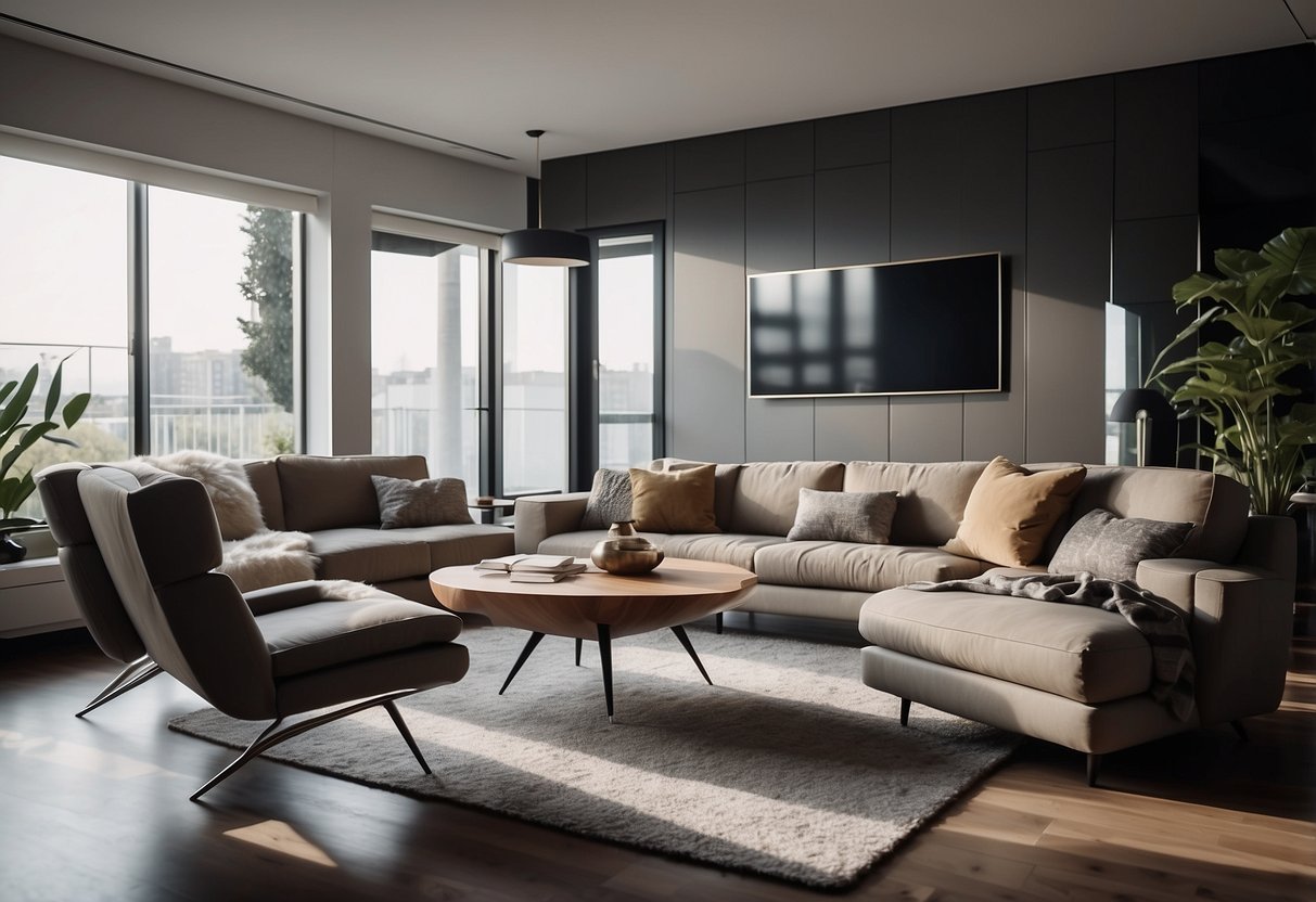 A cozy living room with sleek, modern European furniture arranged for comfort and practicality