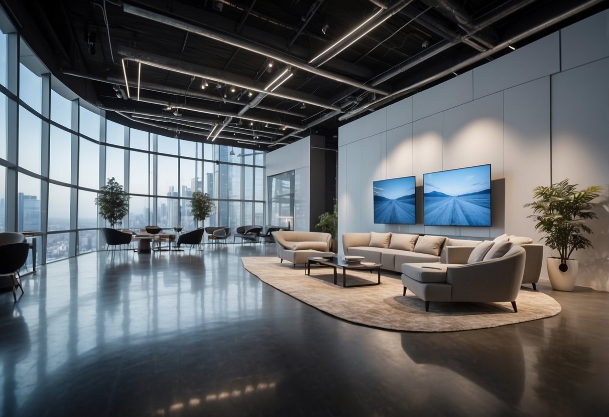 A spacious exhibition hall with modern, sleek furniture options displayed in various arrangements. Lighting highlights the clean lines and elegant designs