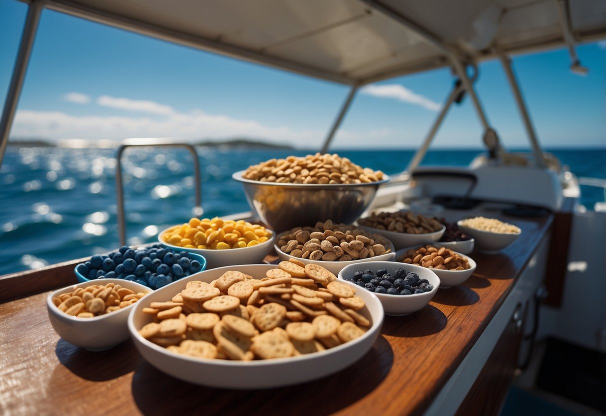 Assorted lightweight snacks arranged on a diving boat deck, with clear blue ocean in the background. Items include trail mix, protein bars, and dried fruit