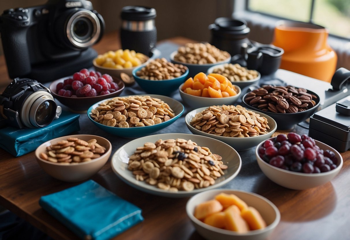 A table with an assortment of lightweight snacks, such as granola bars, trail mix, and dried fruit, laid out next to diving gear and equipment