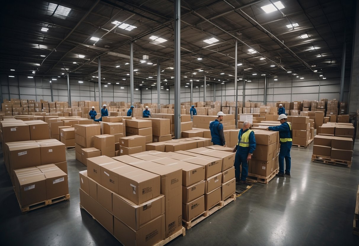 A warehouse with rows of neatly stacked exhibition furniture, labeled and ready for rental. A team of workers efficiently organizing and loading items onto delivery trucks