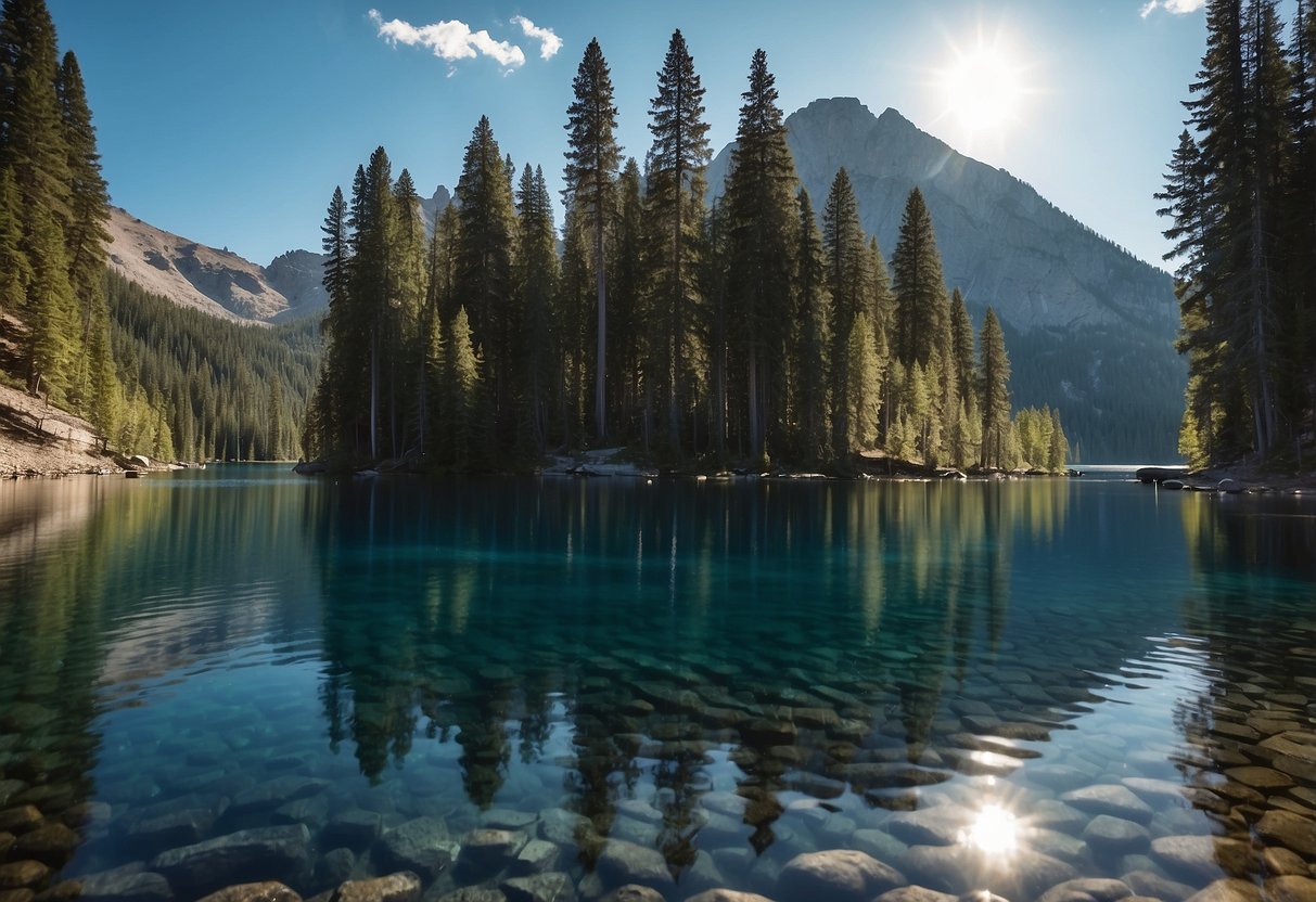 A serene mountain lake surrounded by towering trees, with a clear blue sky overhead. A diver gracefully enters the water, surrounded by the peaceful beauty of the backcountry