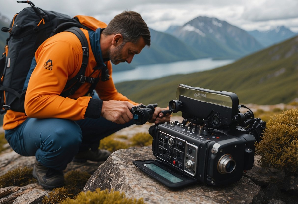 A diver carefully selects gear in a remote backcountry setting, surrounded by rugged terrain and pristine natural beauty