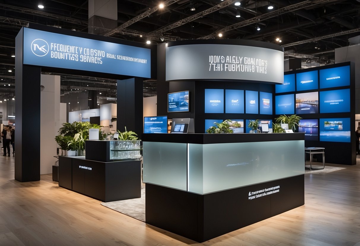 A display of modern exhibition furniture, neatly arranged with clear signage for "Frequently Asked Questions" rental services