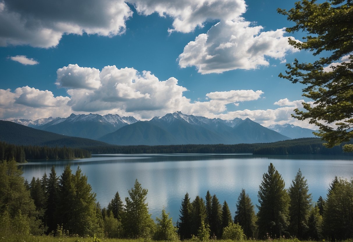 Clear blue sky with white fluffy clouds, mountains in the background, a lake with ripples, and trees in the foreground