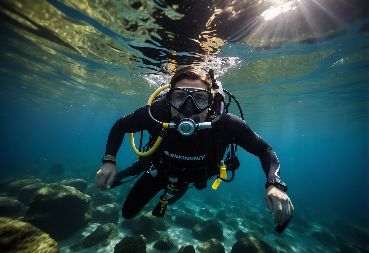 A diver with proper gear navigates through a remote backcountry underwater landscape, following safety tips