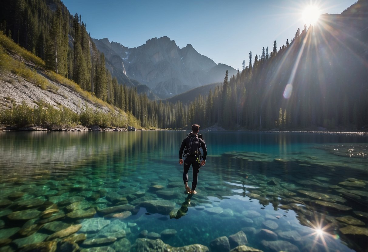 A diver descends into a remote backcountry lake, surrounded by towering mountains. Crystal clear water reveals a diverse ecosystem teeming with life. The diver's air bubbles rise to the surface as they explore the depths