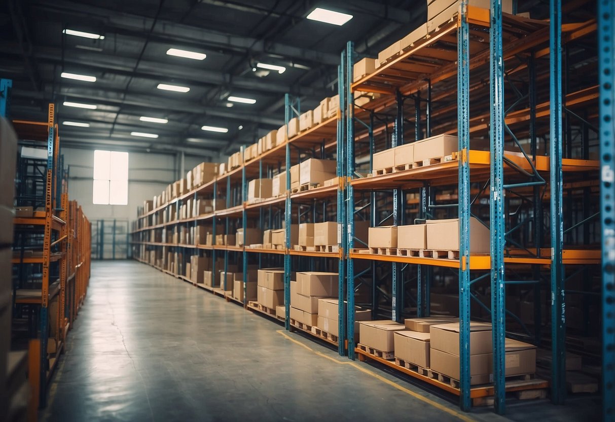 Tall steel racks hold various furniture pieces in a well-lit warehouse