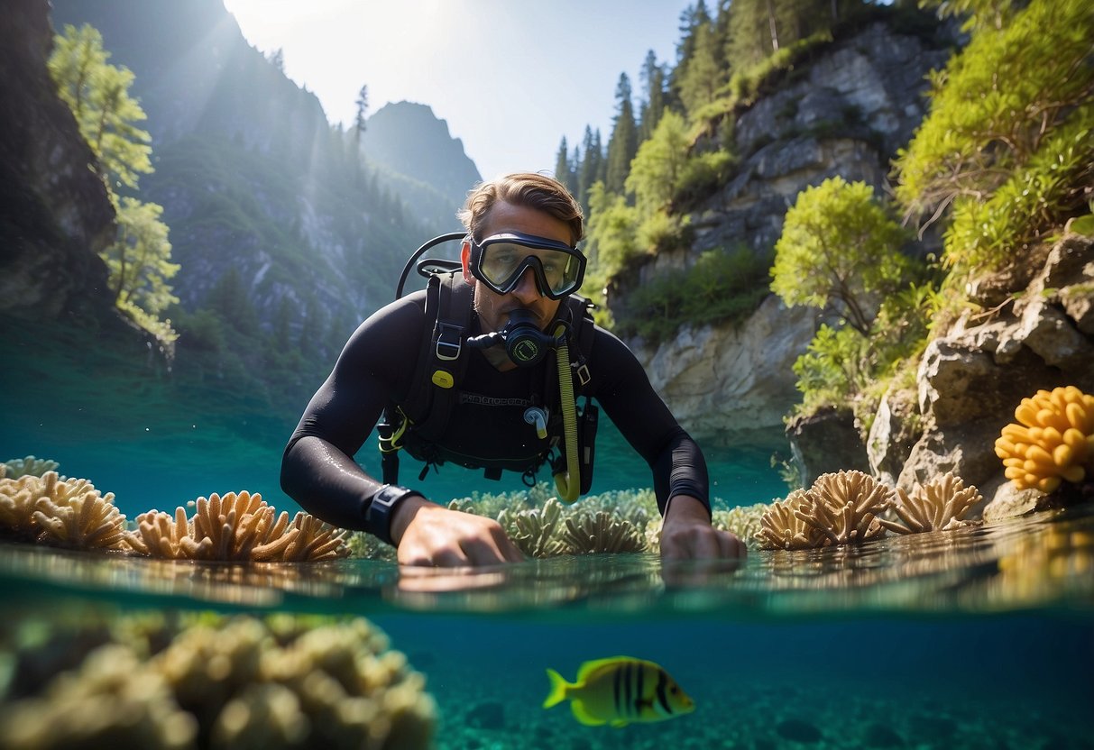 Crystal clear water reflects the lush greenery of the backcountry. A dive buddy checks equipment, surrounded by colorful fish and vibrant coral