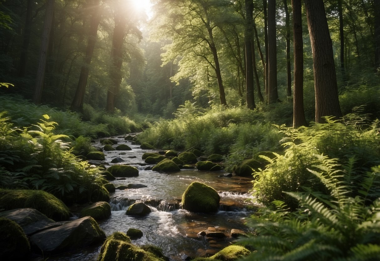 A serene forest clearing with a crystal-clear stream, surrounded by towering trees and lush vegetation. Various wildlife, such as deer, birds, and small mammals, can be seen going about their natural activities