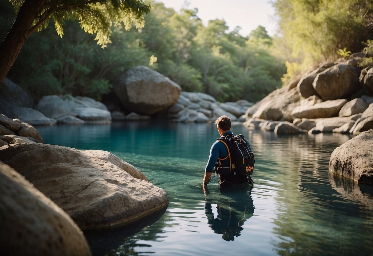 A diver carefully checks equipment before entering a remote, natural pool. A rope marks the entrance, and a sign lists safety guidelines. Surrounding trees and rocks create a secluded, serene atmosphere