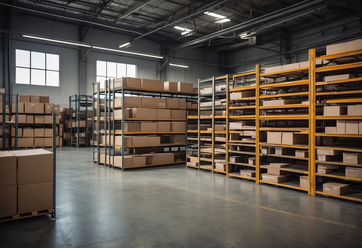 Various types of furniture storage racks neatly organized in a spacious warehouse. Shelves, cabinets, and hanging racks hold chairs, tables, and sofas