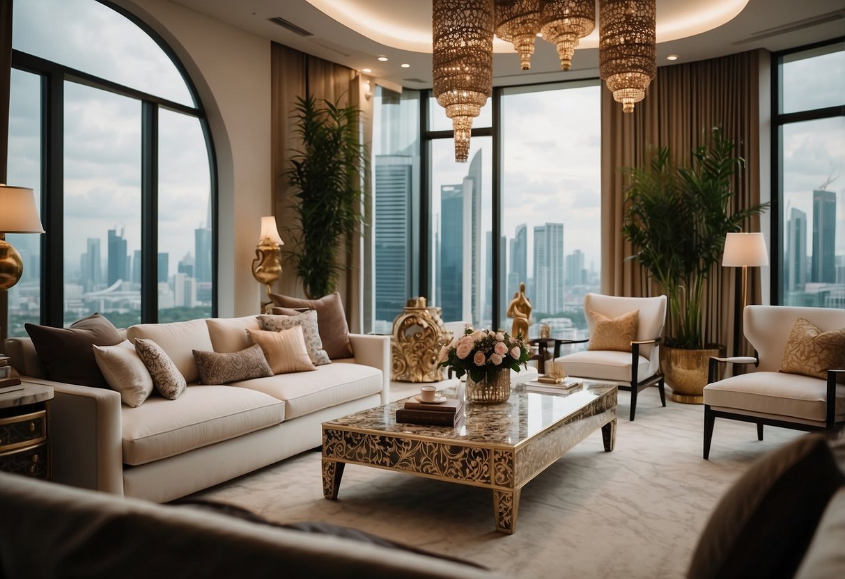 A luxurious living room with bone inlay furniture, featuring intricate floral patterns and elegant designs, set against a backdrop of modern Singaporean architecture
