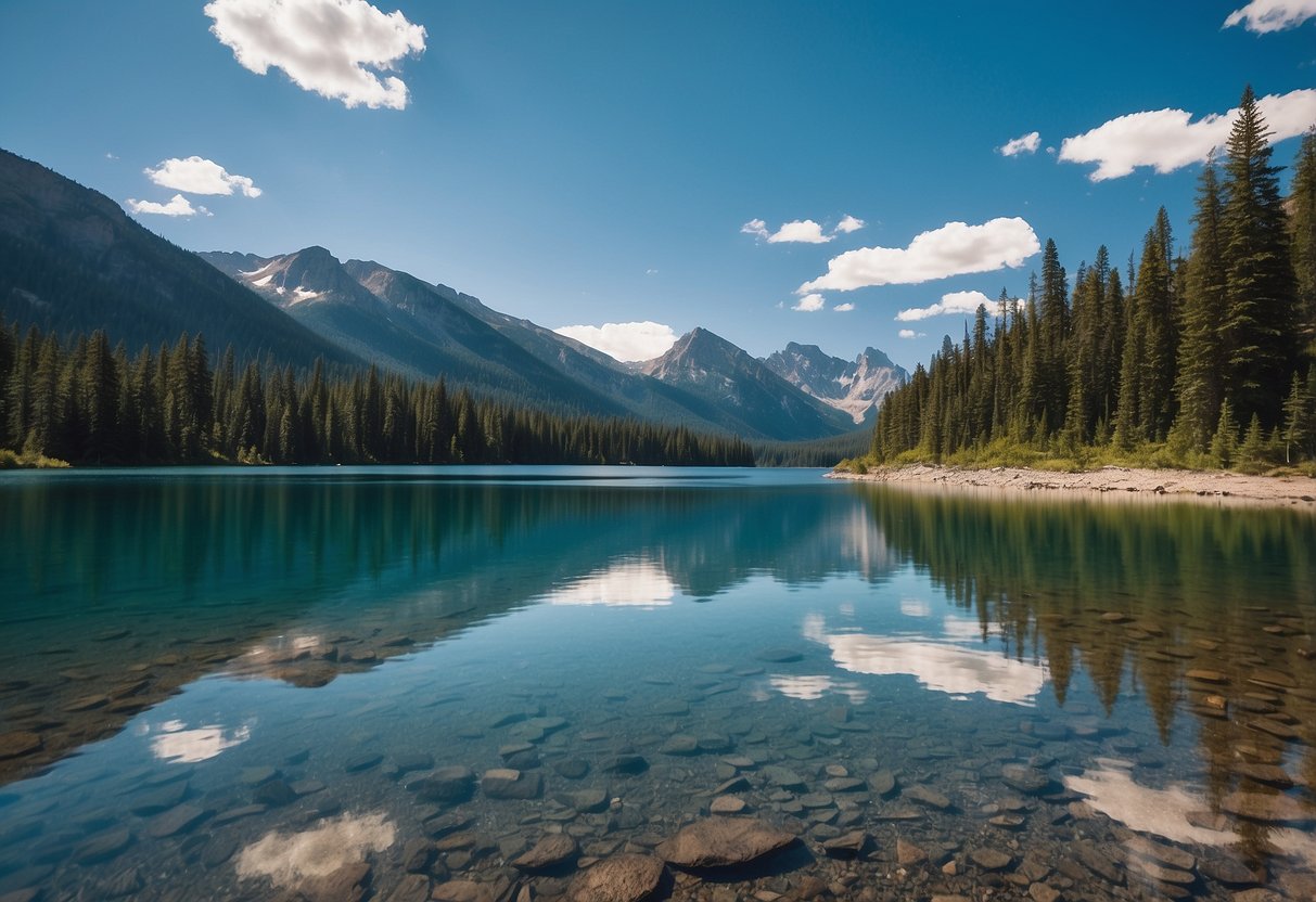 A serene backcountry lake surrounded by towering mountains and lush forests. Crystal clear water reflects the vibrant blue sky, while diverse wildlife thrives in the untouched wilderness