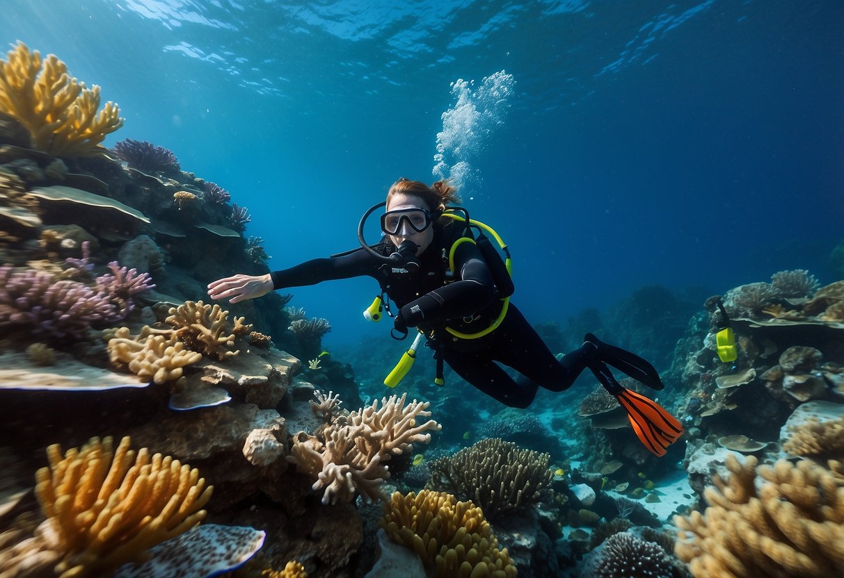 A diver wearing a lightweight jacket descends into clear blue water, surrounded by colorful coral and marine life