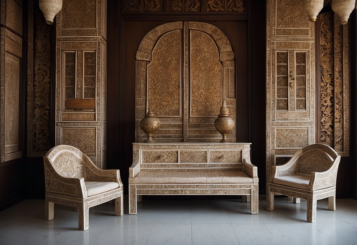 A room filled with intricate bone inlay furniture, featuring delicate patterns and vibrant colors, set against a backdrop of traditional Singaporean architecture
