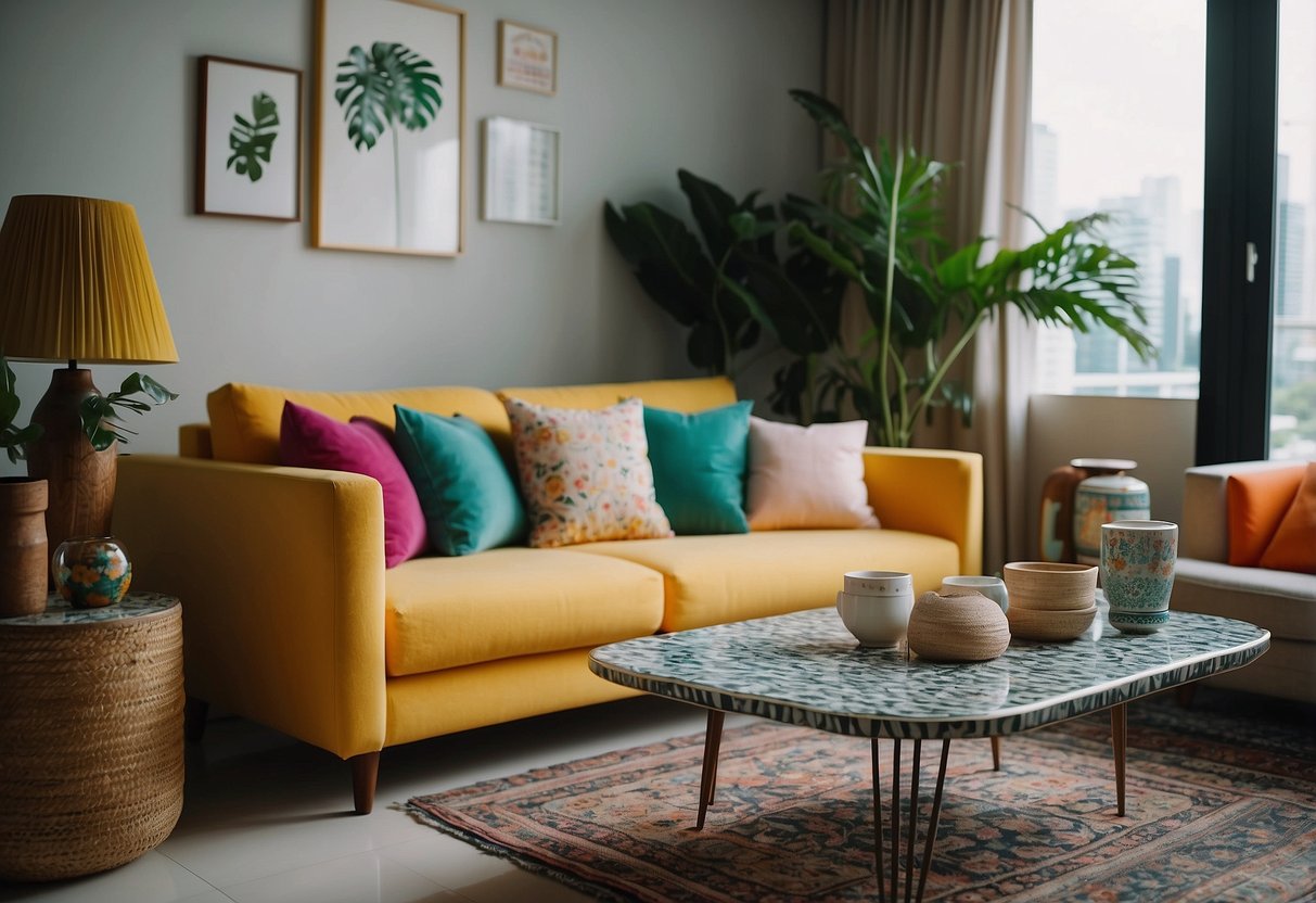 A colorful, mismatched collection of furniture fills a cozy Singaporean living room, featuring unique designs and playful patterns