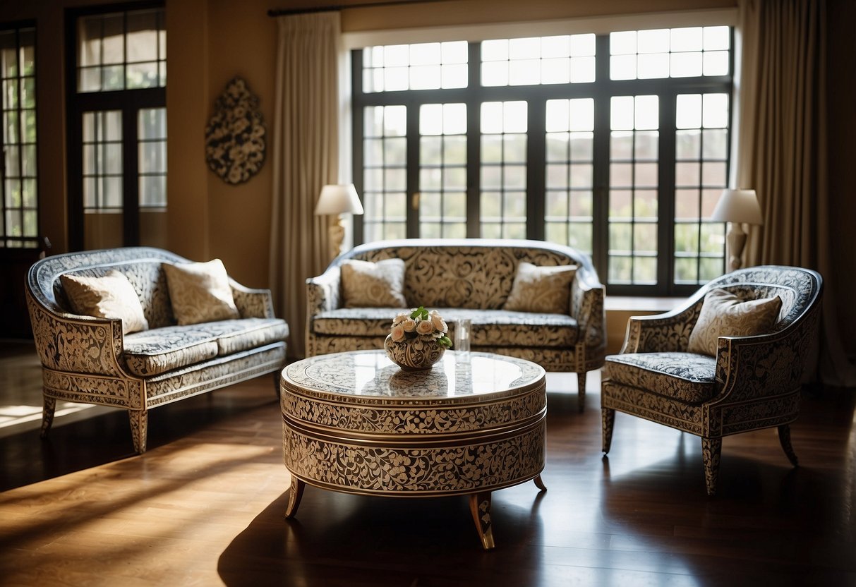 A living room with a bone inlay coffee table, adorned with intricate floral patterns, surrounded by matching bone inlay chairs and complemented by a bone inlay sideboard