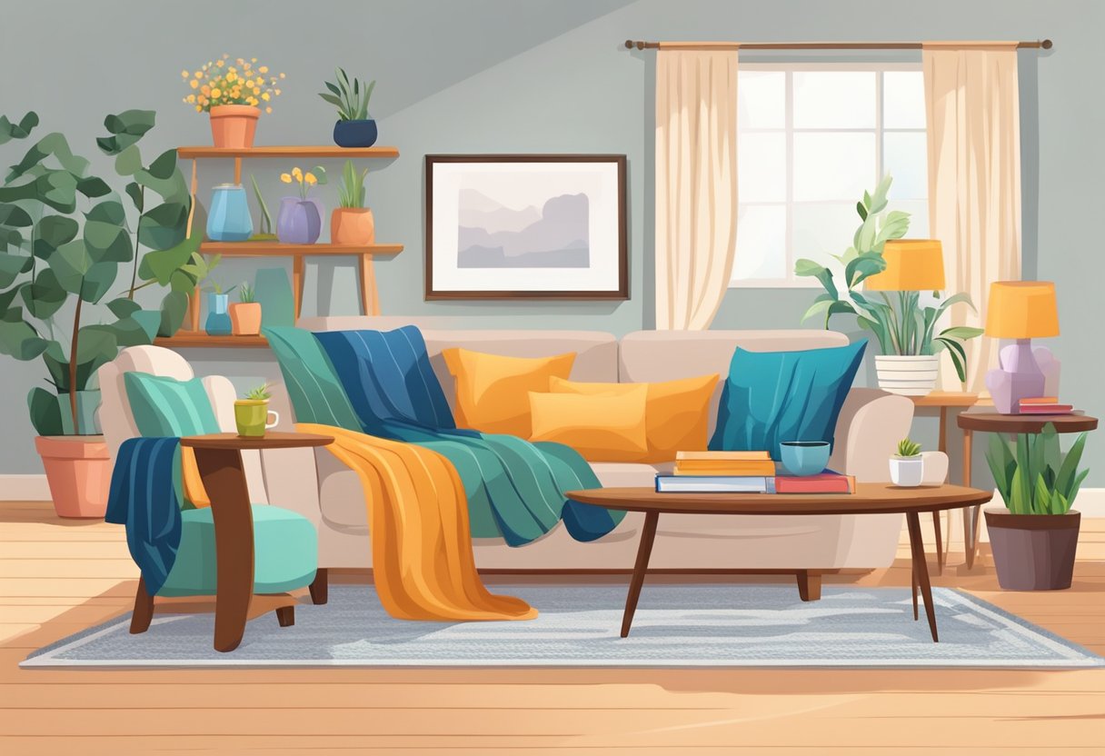 A cozy living room with a plush sofa and armchair, adorned with colorful throw pillows. A wooden coffee table sits in the center, holding a vase of fresh flowers and a stack of books
