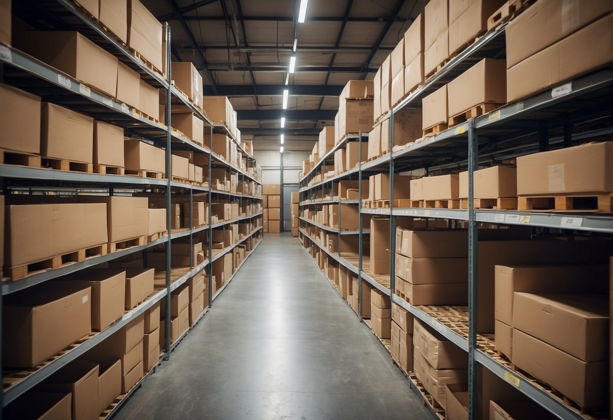 A warehouse with neatly organized rows of furniture storage racks, each labeled and easily accessible for efficient inventory management