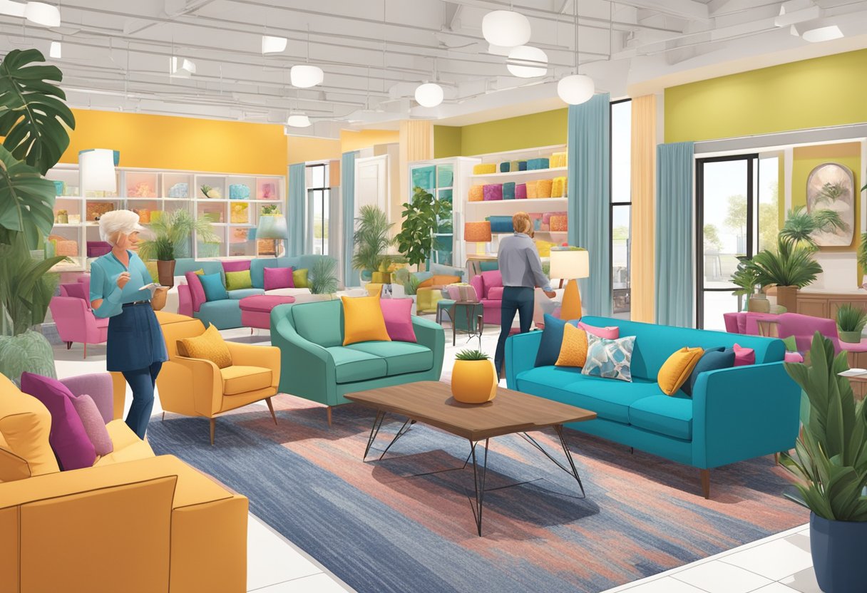 Customers browsing through aisles of colorful furniture at Bob's Discount Furniture. Brightly lit showroom with comfortable sofas and stylish decor
