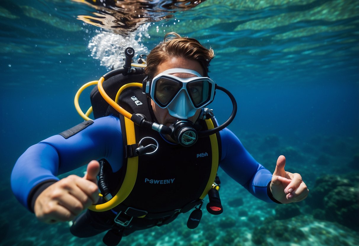 A diver floats effortlessly in clear blue waters, wearing a sleek, lightweight diving jacket. The jacket's streamlined design allows for maximum mobility and comfort, making it the perfect choice for underwater exploration