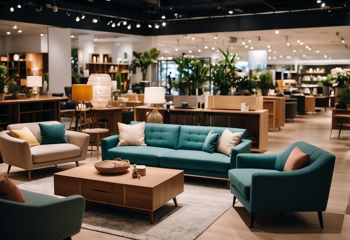 A bustling furniture store in Singapore, filled with modern and affordable pieces. Shoppers browse through sleek sofas and minimalist tables. Bright lights and colorful displays create an inviting atmosphere
