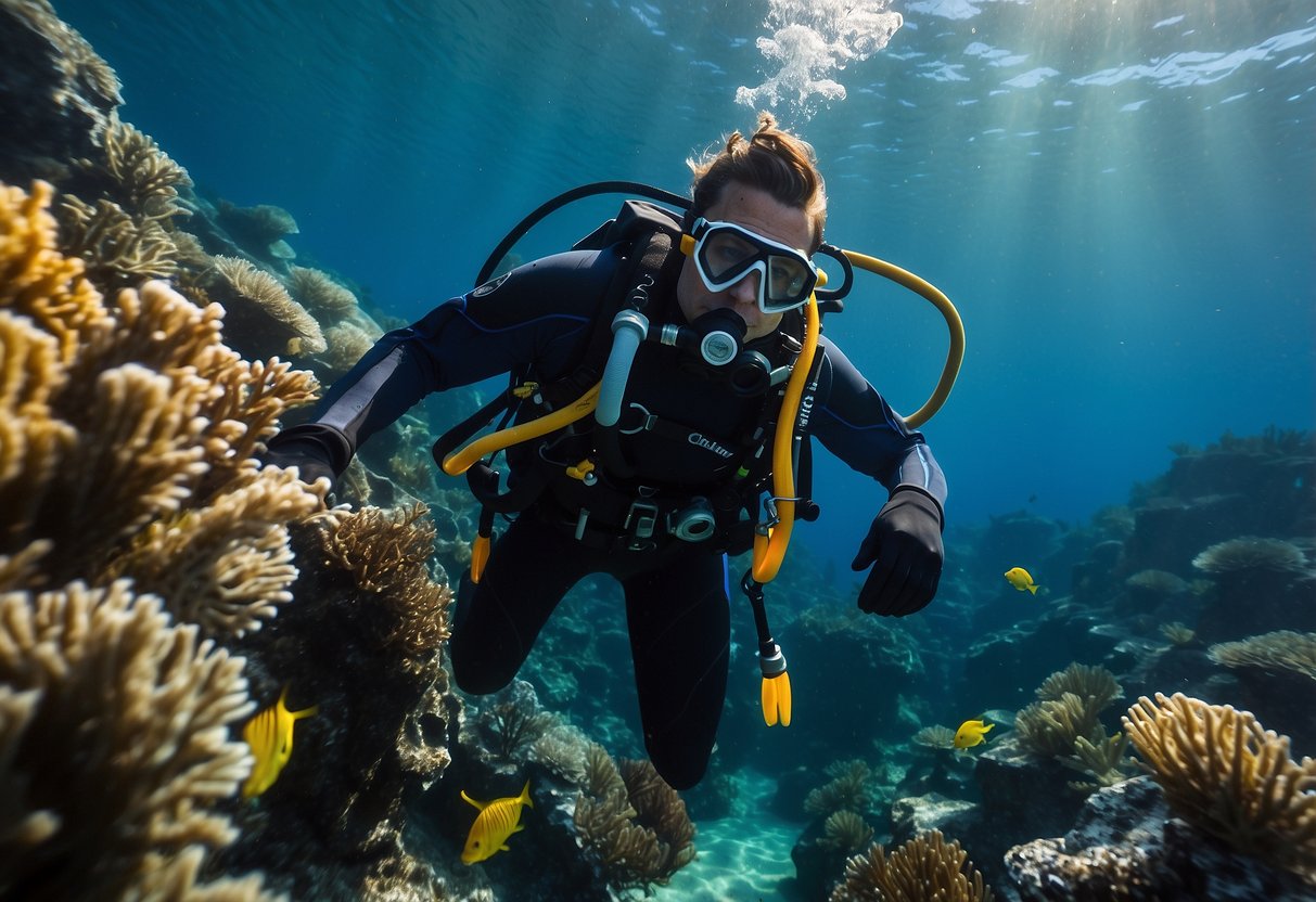 A diver in a lightweight jacket descends into the clear blue depths, surrounded by colorful marine life and swaying seaweed