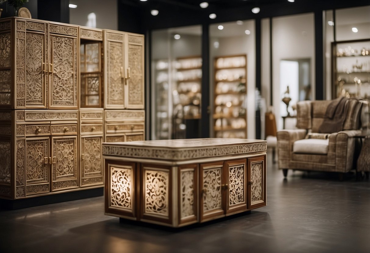 A sleek and modern showroom with various bone inlay furniture pieces on display, featuring intricate patterns and elegant designs