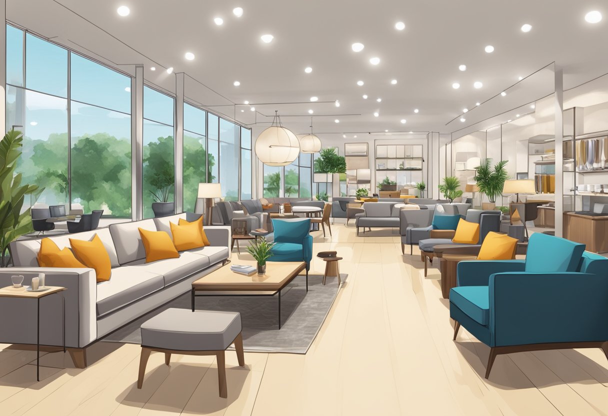 A showroom with various furniture displays, including sofas, beds, and dining sets. Bright lighting and clear signage for easy browsing